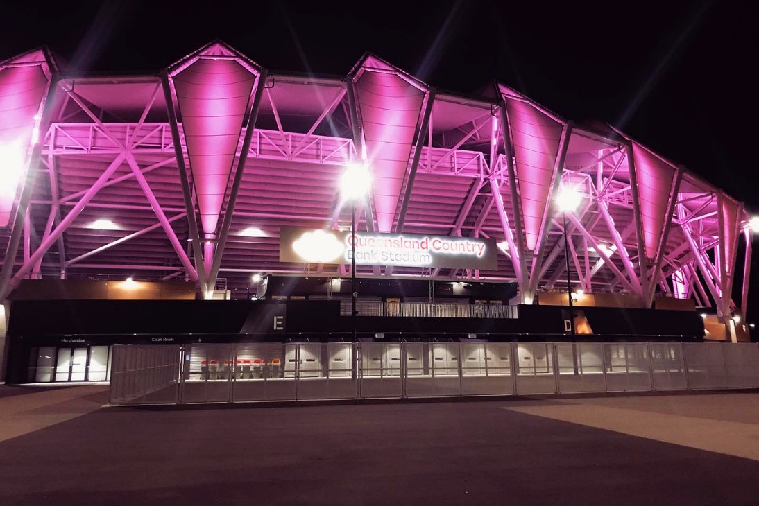 Queensland Country Bank Stadium LED Lights Pink